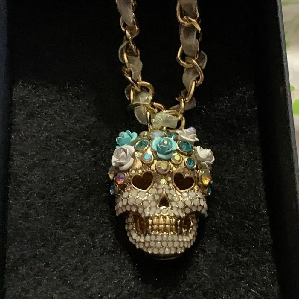Betsey Johnson Ribbon Chain Collar Choker Crystal Pave Sugar Rose Skull Necklace